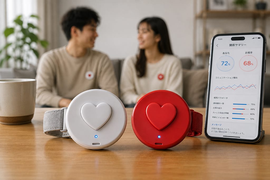 赤と白のハート型表示を備えた一対の現代的なウェアラブルバッジ