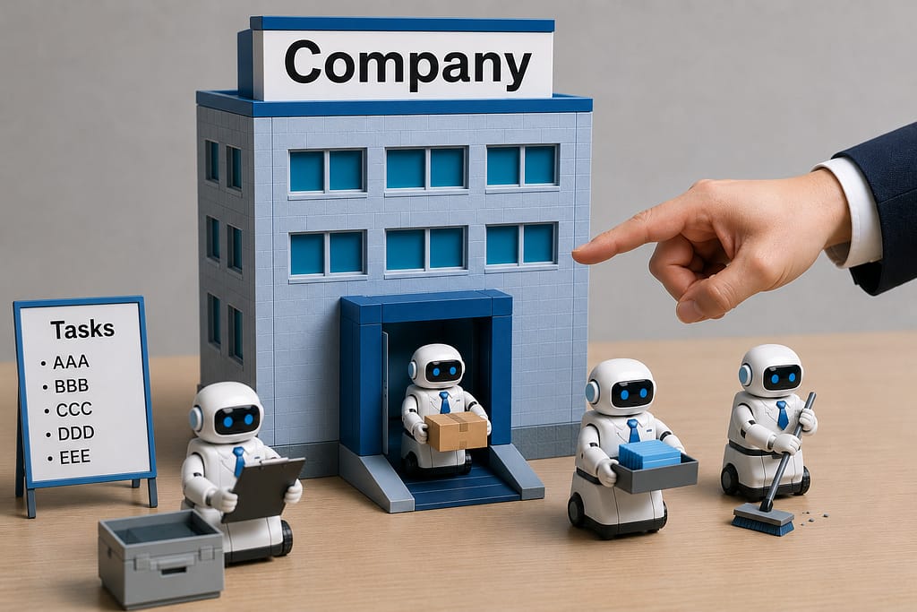 会社ごっこセットを現代技術で再解釈した小型AI・ロボット運用拠点のコンセプト