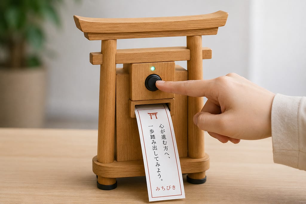 木製の鳥居状フレームに押しボタンと結果表示部を備えた現代版みちび機のコンセプト
