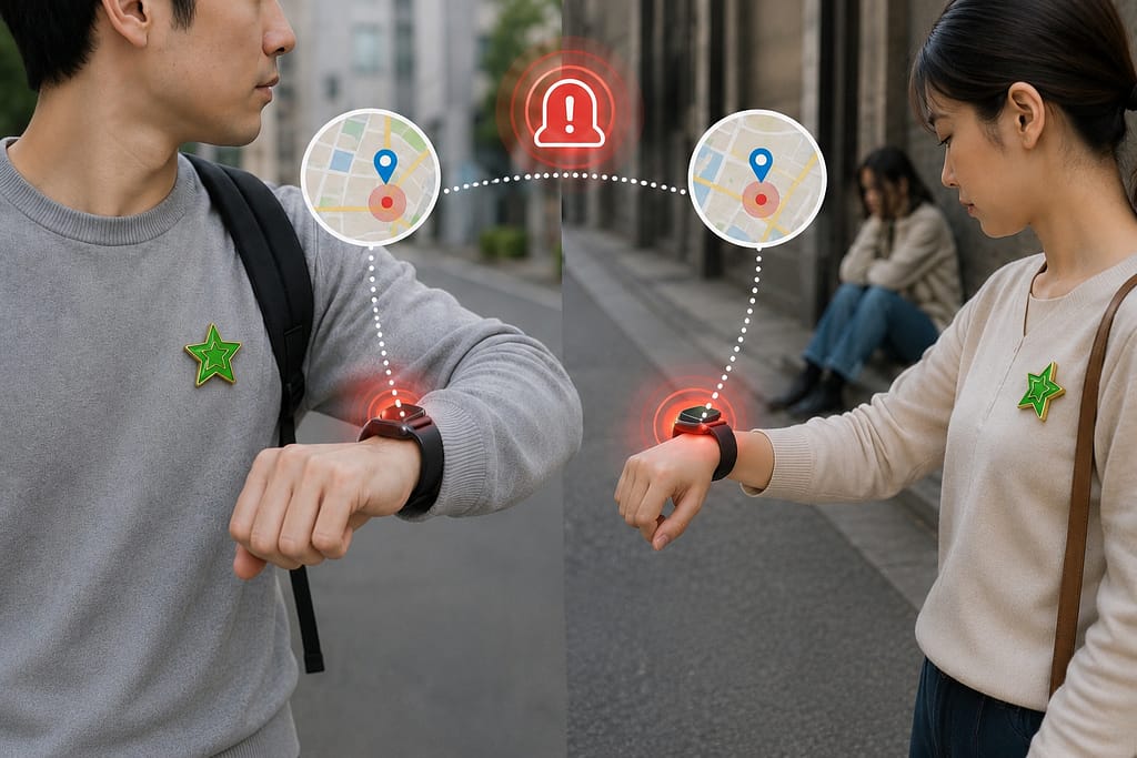 相互見守り用のカラフルな小型ウェアラブルバッジのコンセプト