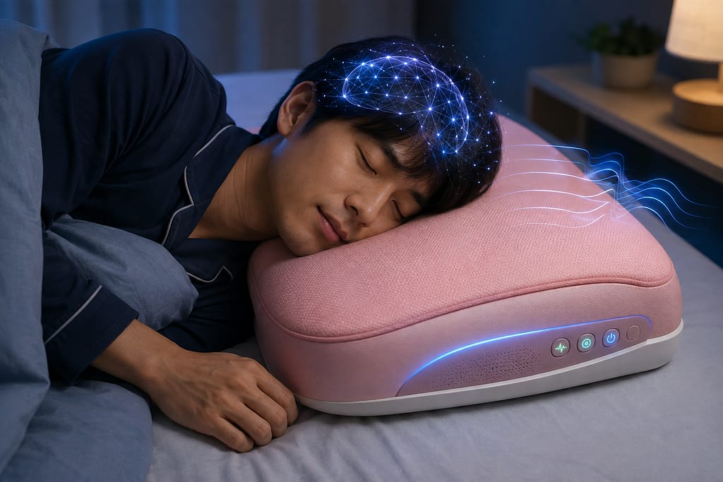 睡眠中の脳波計測と音響刺激を統合したピンク色の未来型枕