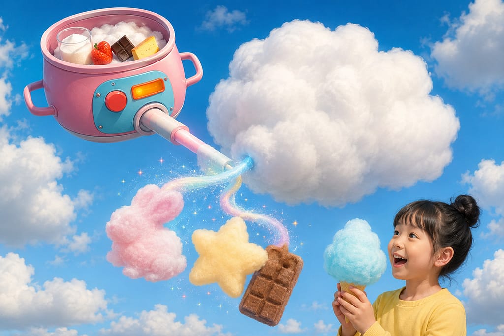 ピンク色の未来的な自動綿菓子メーカーのコンセプト