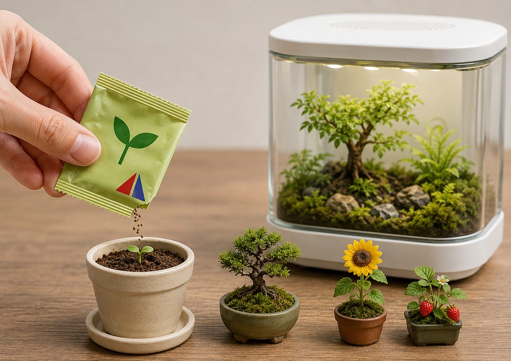 ミニ植物の種を現代のバイオ栽培キットとして再解釈したコンセプト