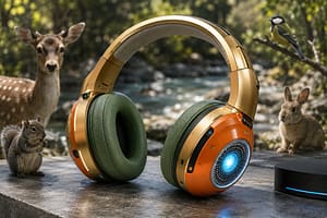 動物の鳴き声をAI解析する未来的なヘッドホンのコンセプト