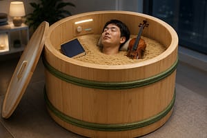 木製タルを再解釈した現代の睡眠学習ポッドのコンセプト