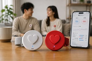 赤と白のハート型表示を備えた一対の現代的なウェアラブルバッジ