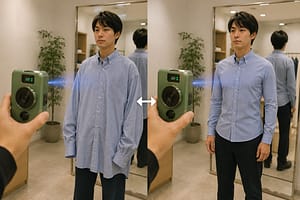 緑色の携帯カメラ型フィット調整デバイスの現代的コンセプト