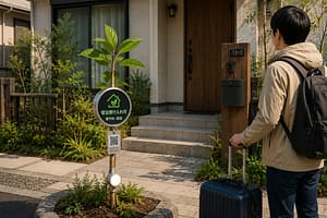 住宅前に設置された、葉の付いた緑化型ホスピタリティビーコンのコンセプト