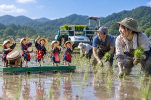 水田で協調する小型音響ロボットと自動運転田植機の現代版ミニチュア早乙女コンセプト