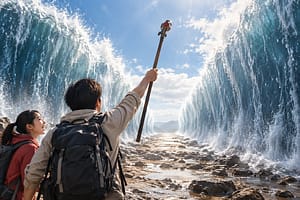 可搬式スマート仮締切で水を左右へ誘導し中央に乾いた通路を作るモーゼステッキ現代版コンセプト