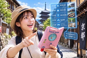 未来の旅行スケジュールを管理する携帯型AIガイドブックのコンセプト